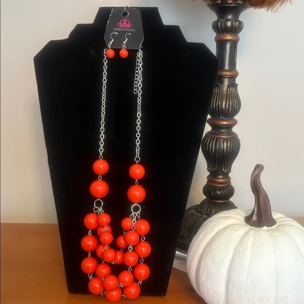 Bold Orange Beaded Necklace and Earring Set - Picture 1 of 4